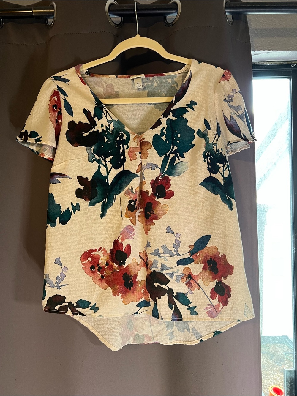 a new day Cream V-Neck Blouse with Teal & Coral Floral Print